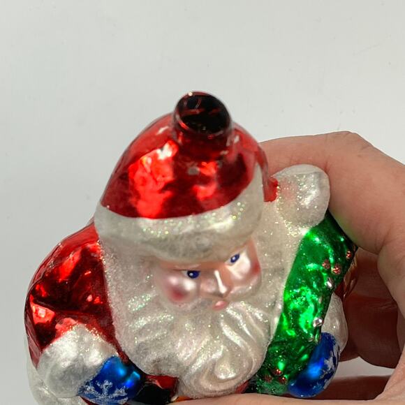 Vintage 5.5″ Santa Claus Mouthblown Glass Ornament Red Suit Wreath NO CAP - Picture 6 of 8